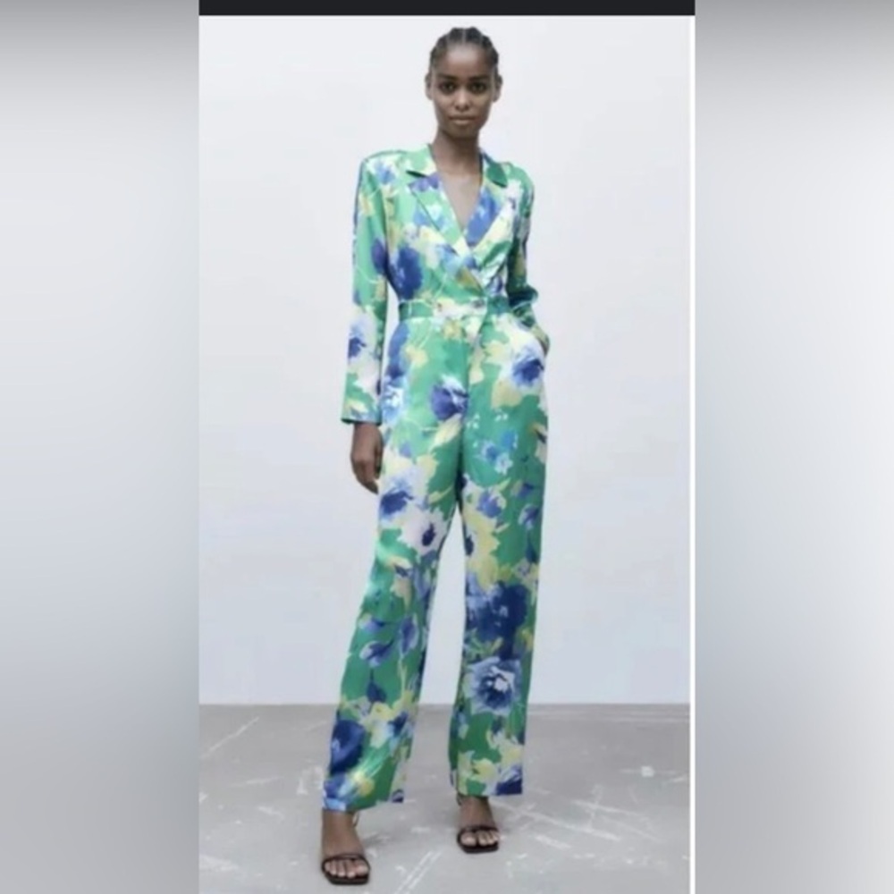 ZARA blue green‎ multi Floral Print Long Sleeve satin effect Jumpsuit size small